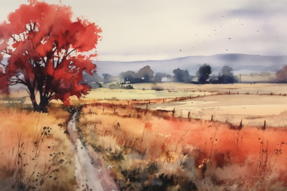 Akvarelová malba pole a stromu