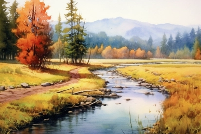 Akvarelová malba řeky
