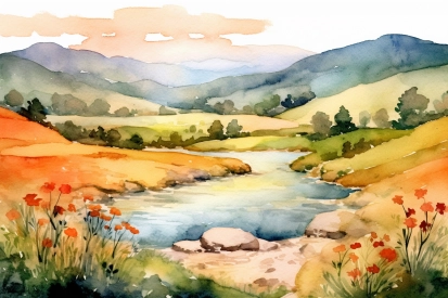 Akvarelová malba řeky v údolí s kopci a květinami