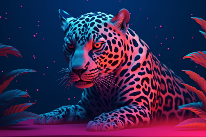 Ležící leopard s růžovými a modrými světly