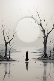 žena stojící v jezeře se stromy a měsícem.