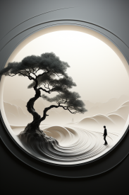Osoba stojící v kruhu a dívající se z okna na strom.