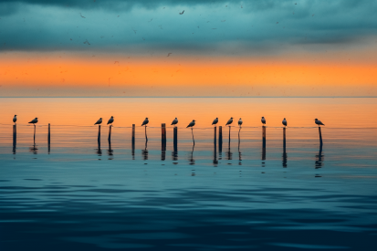 Skupina ptáků sedících na tyčích ve vodě