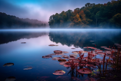 Jezero s lekníny a stromy v pozadí