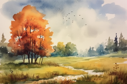 Akvarel krajiny se stromy a potokem