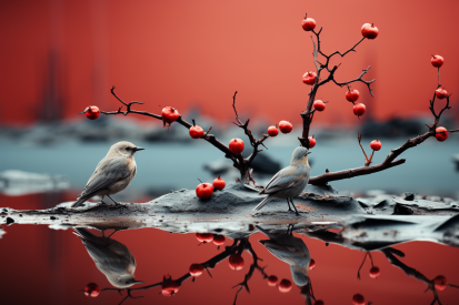 Ptáci stojící na malé větvi stromu s červenými bobulemi