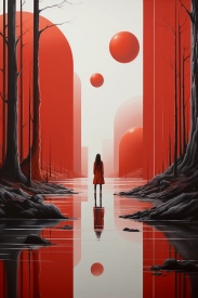 žena stojící v červených šatech v lese.