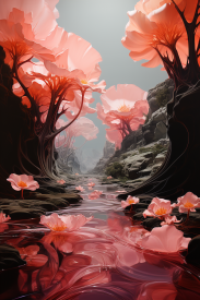 Potok vody s růžovými květy