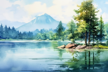 Akvarelová malba jezera se stromy a horami v pozadí
