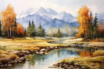 Akvarelová malba řeky se stromy a horami v pozadí