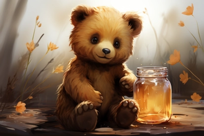 medvídek sedící vedle sklenice