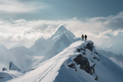 Skupina lidí stojící na zasněženém vrcholu hory