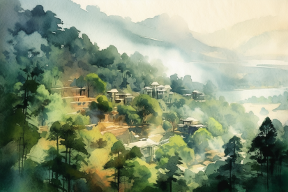 Akvarelová malba vesnice v lese