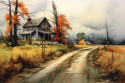 Akvarelová malba domu na polní cestě
