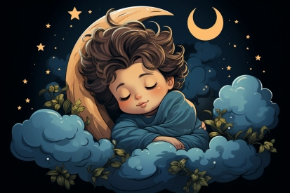 kreslený obrázek dítěte spícího na měsíci