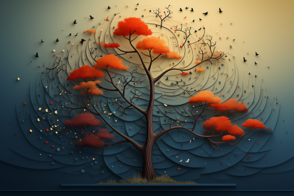 Strom s oranžovými listy a ptáky létajícími kolem něj.