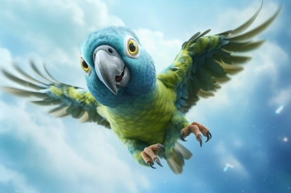 Modrý a zelený papoušek letící na obloze