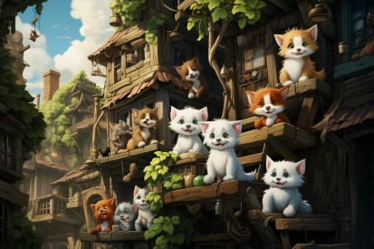 skupina koček na dřevěné budově