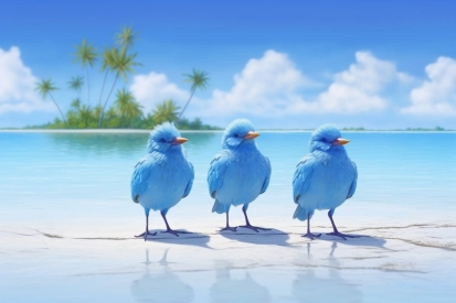 Skupina modrých ptáků stojících na pláži