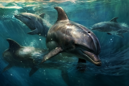 Skupina delfínů plovoucích ve vodě