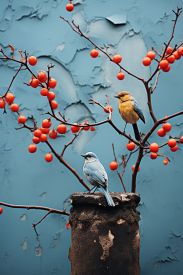 Dva ptáci na větvi stromu