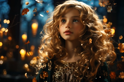 dívka s dlouhými kudrnatými vlasy a zlatými šaty.