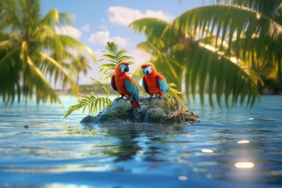 Dva papoušci na skále ve vodě