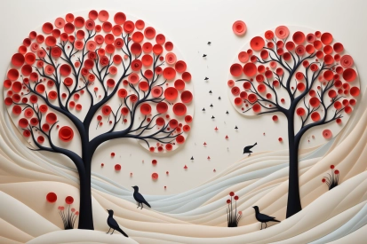 Papírový výřez stromů s ptáky