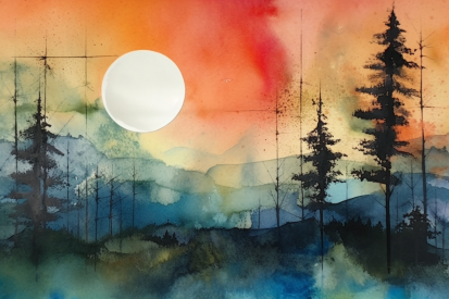 Akvarelová malba lesa a slunce