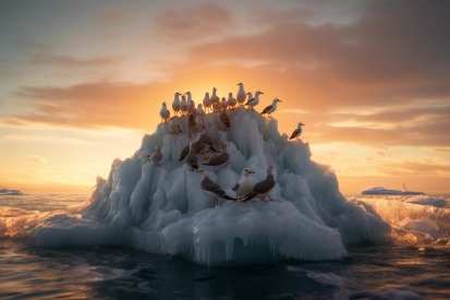 Skupina ptáků na ledovci
