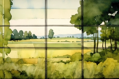 Akvarelová malba pole a stromů