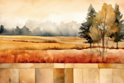 Akvarelová malba pole a stromů