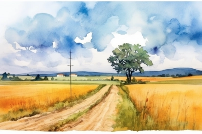 Akvarel polní cesty přes pole