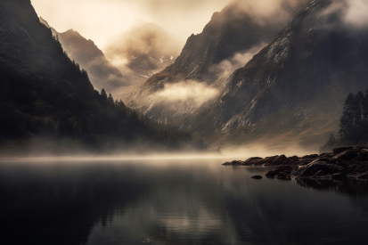 Jezero s horami a mlhou