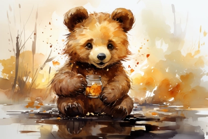 akvarel medvěda držícího sklenici s jídlem