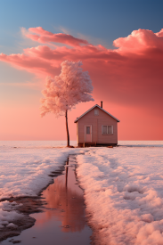 Dům na zasněženém poli se stromem