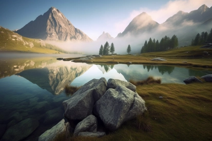 Jezero se skalami a horami v pozadí