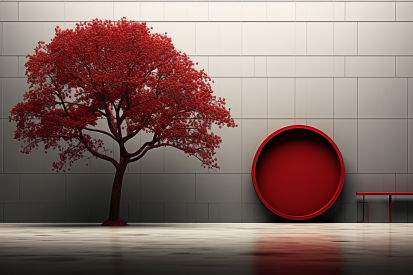 Strom s červenými listy vedle kulatého objektu
