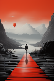 Osoba kráčející po červené stezce vedoucí k jezeru
