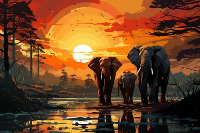 skupina slonů kráčejících ve vodě se západem slunce