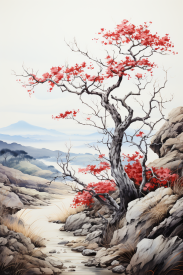 Strom s červenými květy na skalnaté stráni