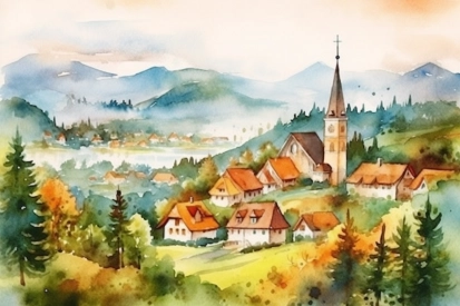 Akvarelová malba vesnice