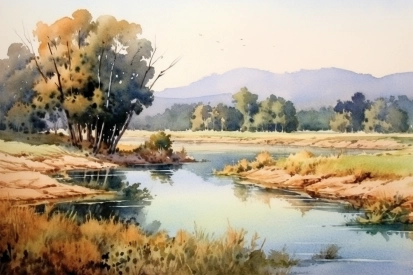 Akvarel řeky se stromy a kopci v pozadí