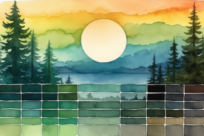 Akvarelová malba krajiny se sluncem a stromy