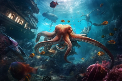 Velká chobotnice plovoucí ve vodě