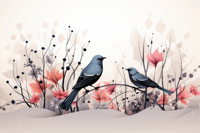 dva ptáci sedící na větvi s květinami