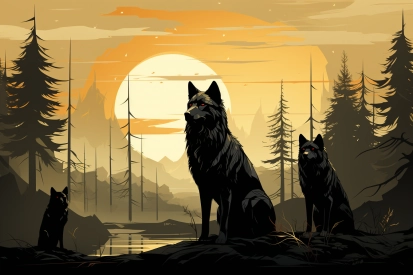 pár vlků sedících na skále před jezerem