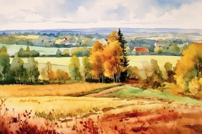 Akvarel krajiny se stromy a poli