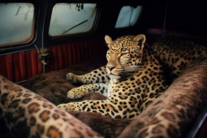 Leopard ležící v autě