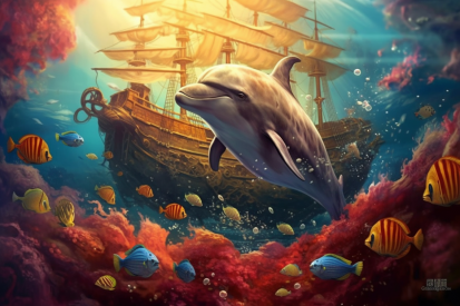 Delfín plovoucí ve vodě s rybami a lodí